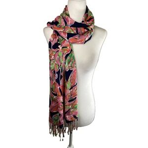 Lilly Pulitzer Murfee Scarf Tusk In Sun Pink Navy Blue Palm Leaf Fringe 10126